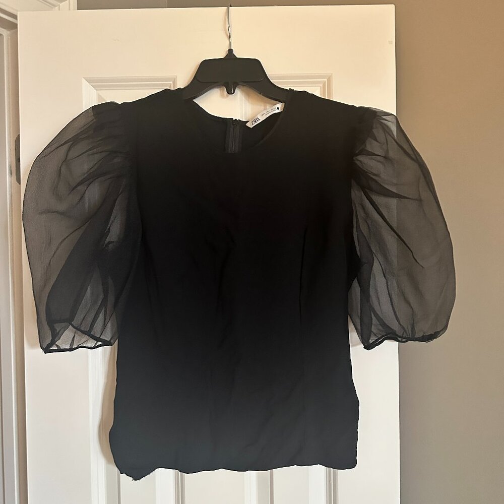 Zara Black Puffy Sheer Organza Sleeve Stretchy Fitted Top